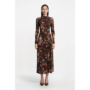 $1490 Lela Rose Floral Printed Jersey Long Sleeve Draped Front Dress S Mock Neck